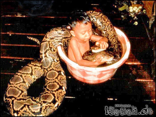 Schlange und Kind baden